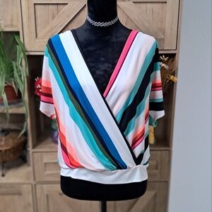 Express Faux Wrap Blouse Colorful Stripes Plunge Neckline Open Back Short Sleeve